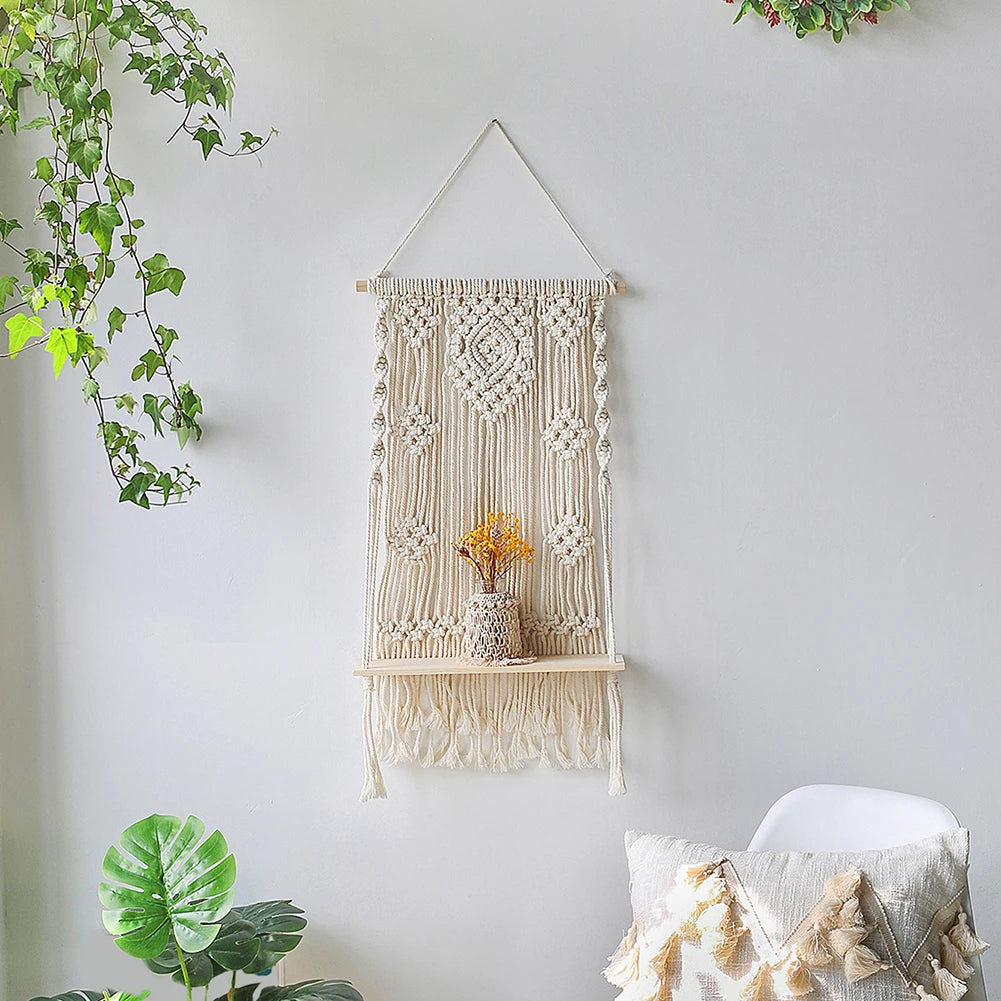 Boho Macrame Wall Shelf – Wooden Floating Shelves for Plants & Décor | Hanging Wall Storage for Aesthetic Home & Living Room Decoration