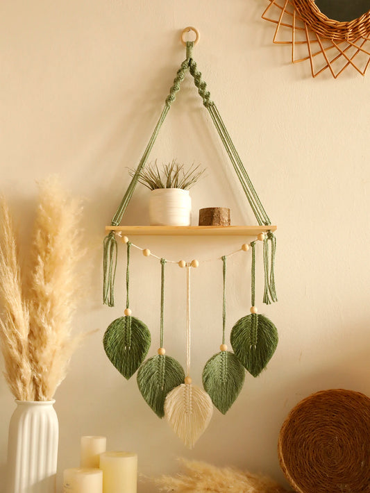 Leaf Macrame Floating Shelf – Boho Wall Hanging Shelf & Tapestry Art for Aesthetic Home & Bedroom Decor | Handmade Display Stand & Gift