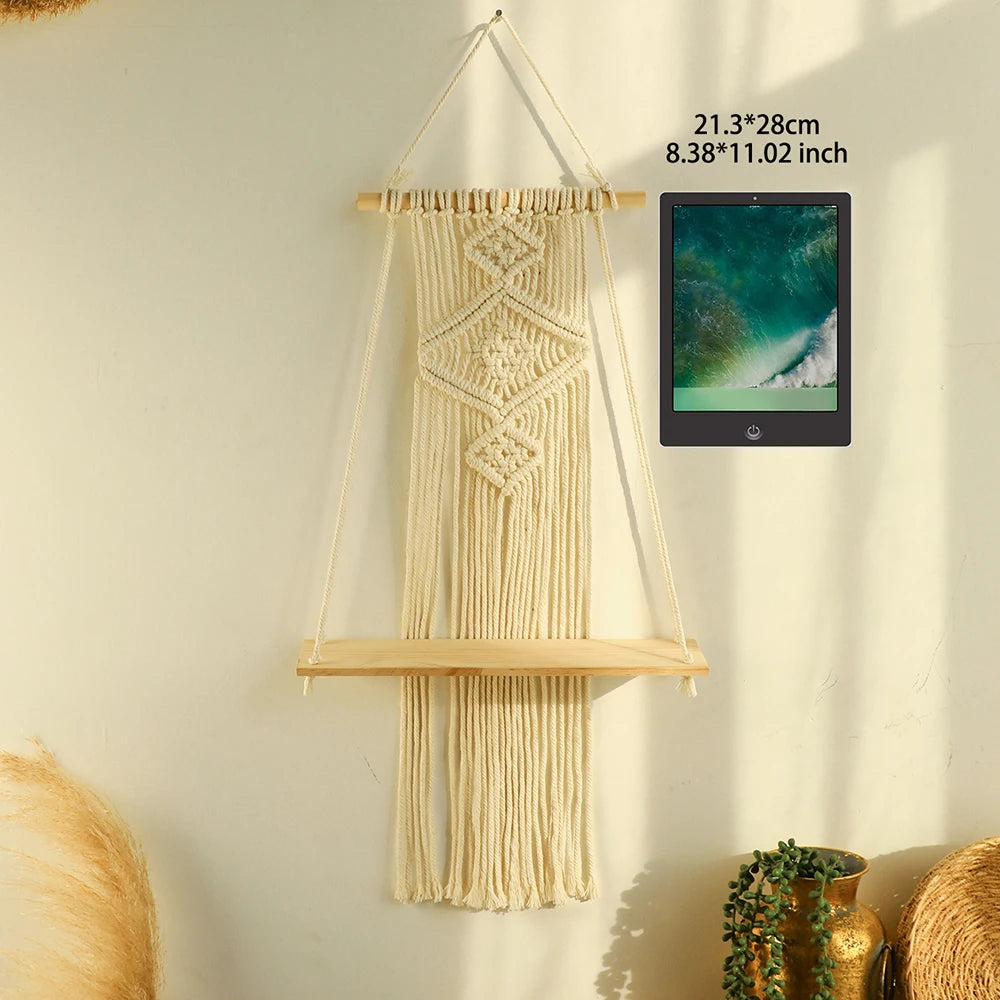 Boho Macrame Wall Shelf – Wooden Floating Shelves for Plants & Décor | Hanging Wall Storage for Aesthetic Home & Living Room Decoration