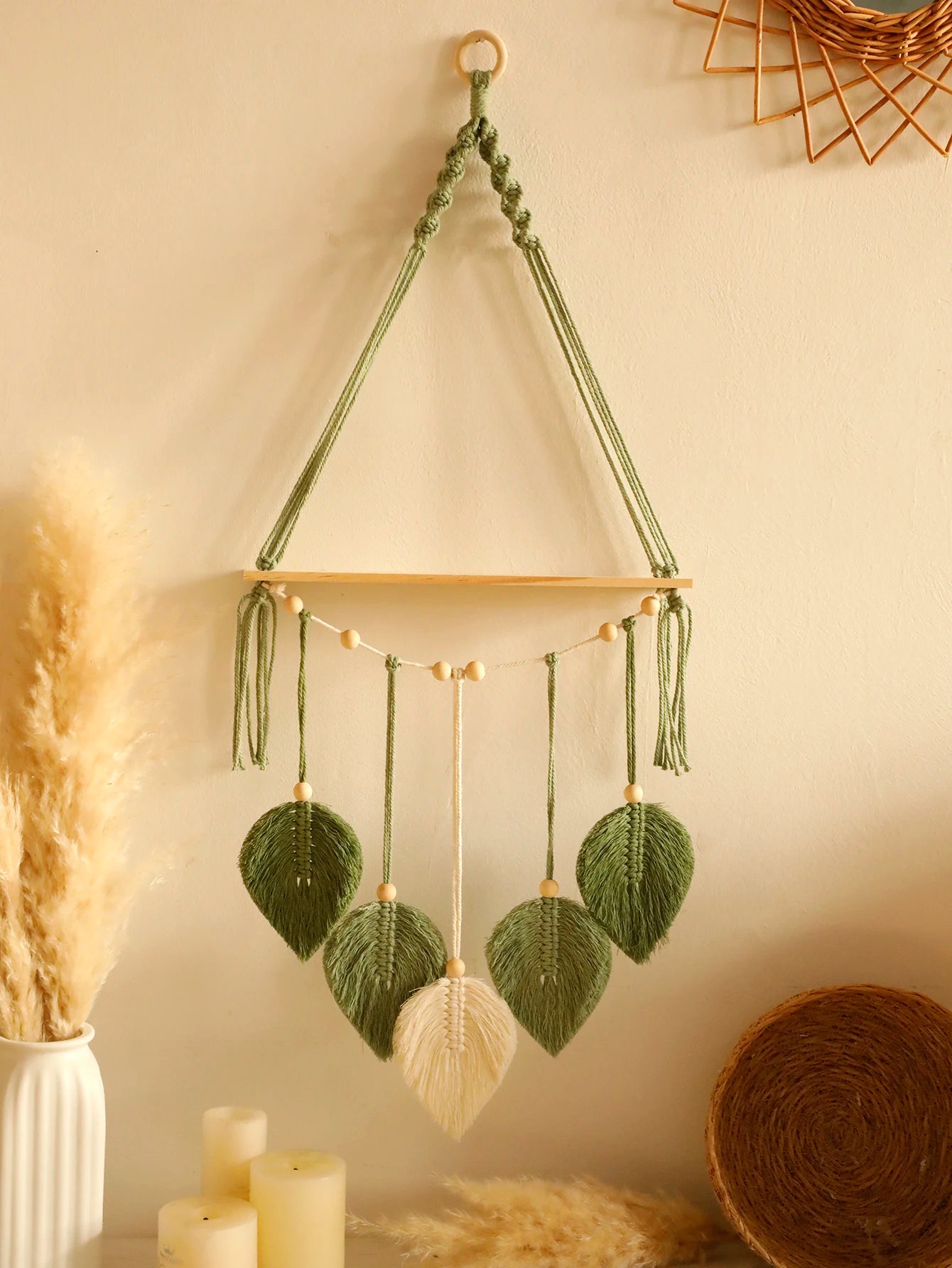 Leaf Macrame Floating Shelf – Boho Wall Hanging Shelf & Tapestry Art for Aesthetic Home & Bedroom Decor | Handmade Display Stand & Gift