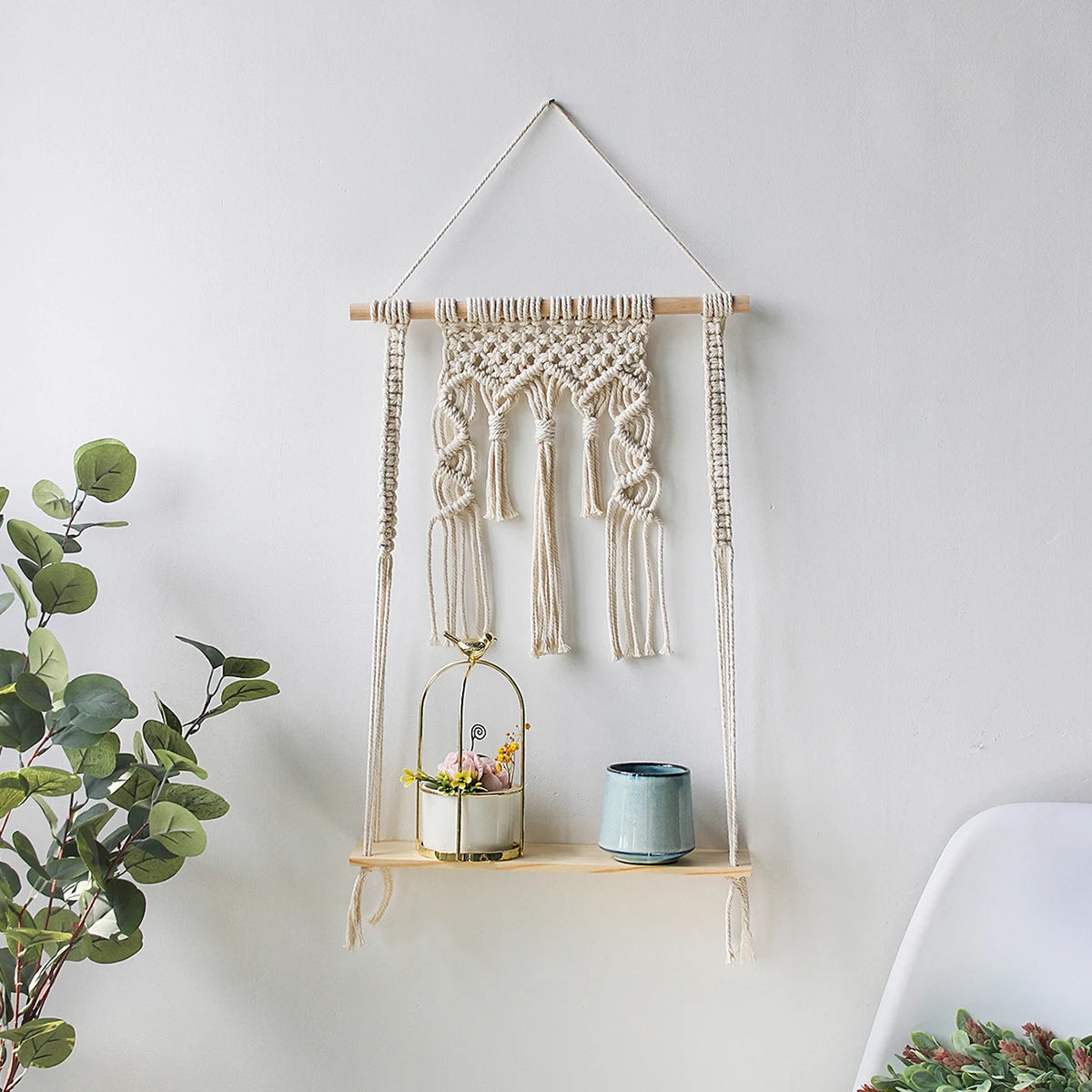 Boho Macrame Wall Shelf – Wooden Floating Shelves for Plants & Décor | Hanging Wall Storage for Aesthetic Home & Living Room Decoration