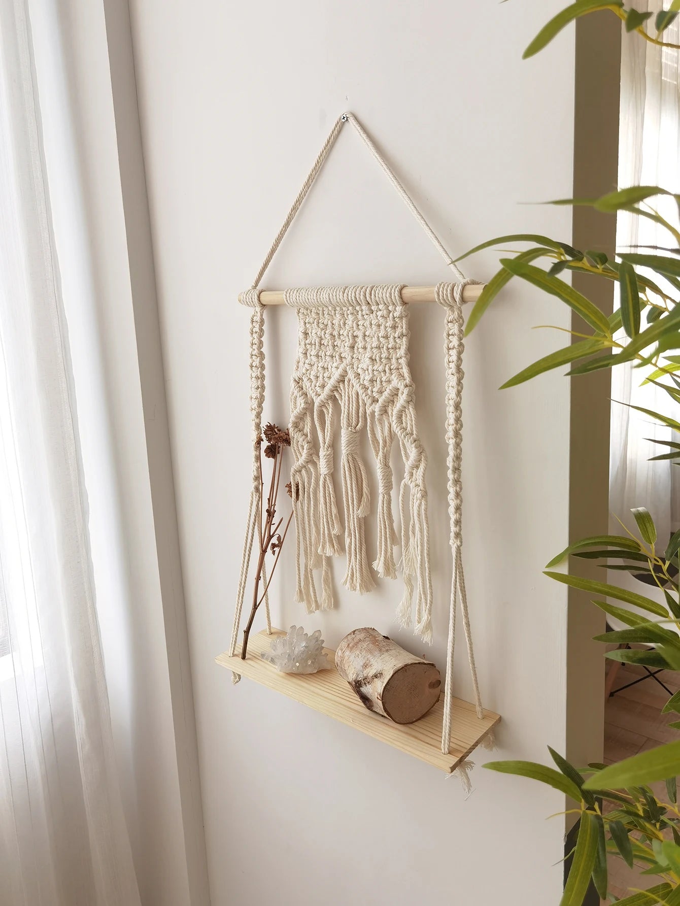 Boho Macrame Wall Shelf – Wooden Floating Shelves for Plants & Décor | Hanging Wall Storage for Aesthetic Home & Living Room Decoration