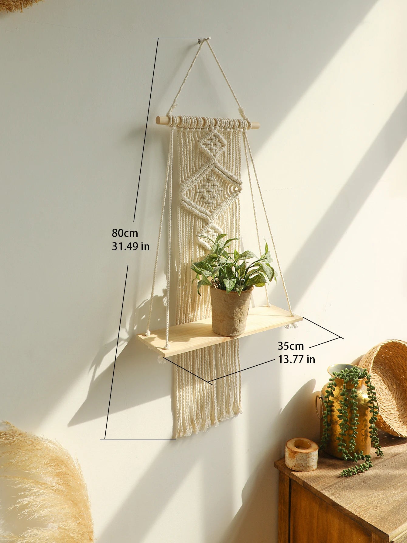 Boho Macrame Wall Shelf – Wooden Floating Shelves for Plants & Décor | Hanging Wall Storage for Aesthetic Home & Living Room Decoration