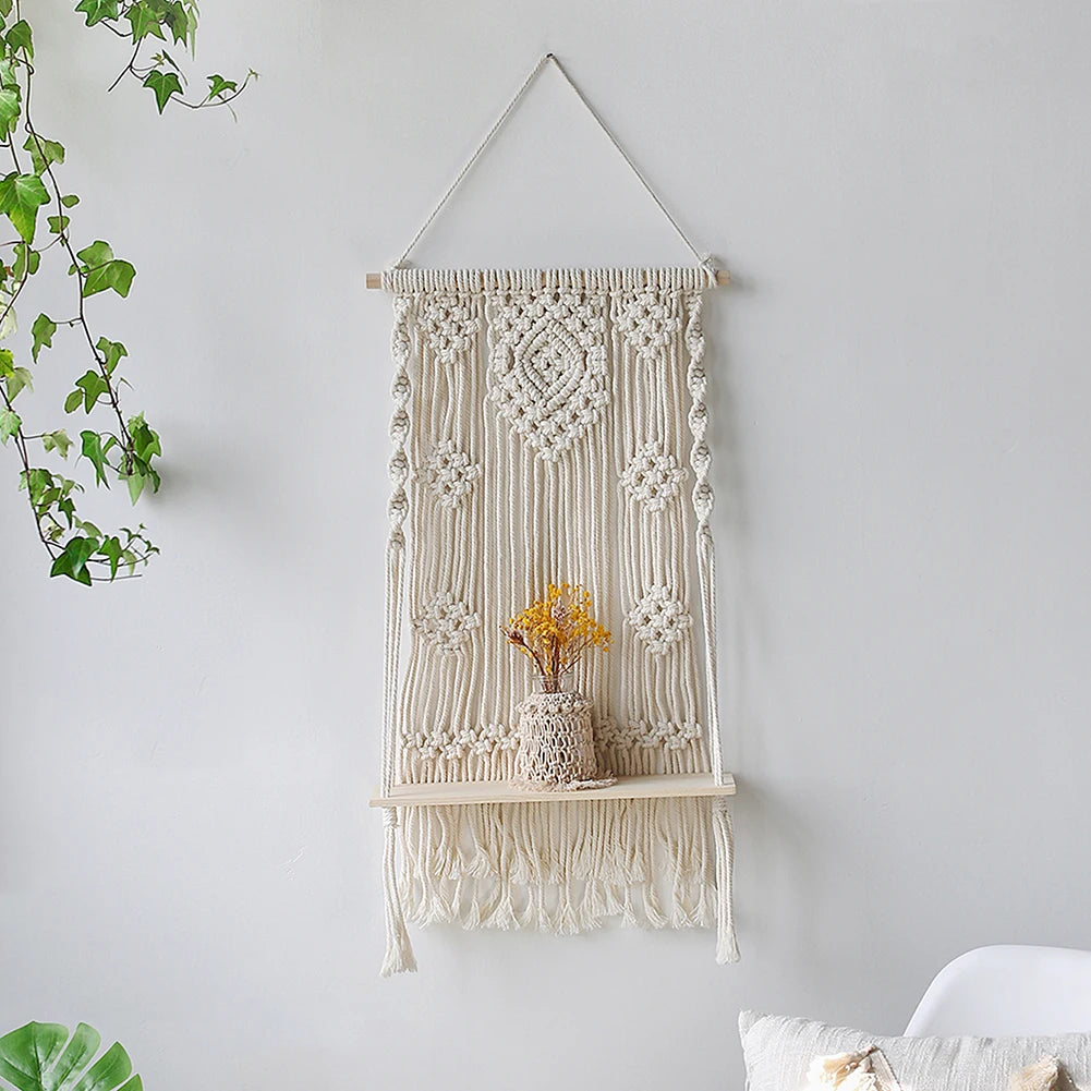 Boho Macrame Wall Shelf – Wooden Floating Shelves for Plants & Décor | Hanging Wall Storage for Aesthetic Home & Living Room Decoration