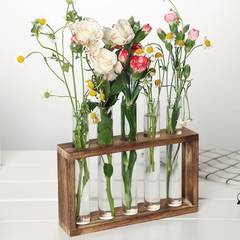 1 Set Creative Hydroponic Plants Container With Wood Frame Transparent Glass Test Tube Vase Bonsai Home Desktop Decor Crafts