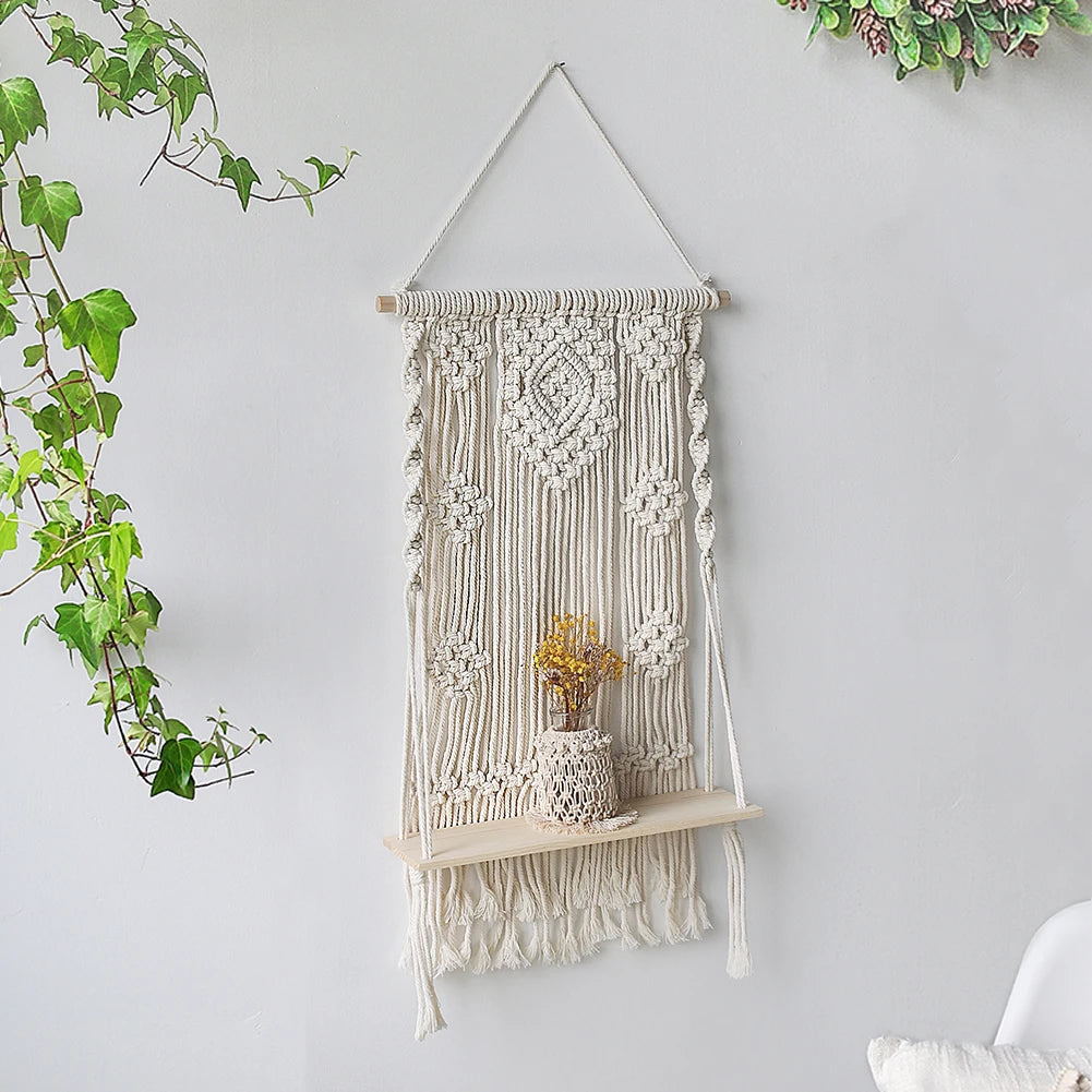 Boho Macrame Wall Shelf – Wooden Floating Shelves for Plants & Décor | Hanging Wall Storage for Aesthetic Home & Living Room Decoration