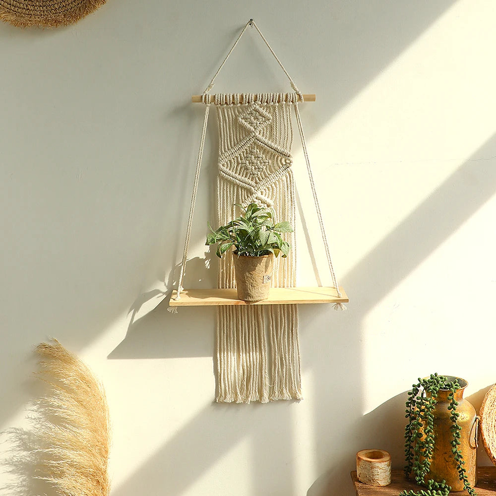 Boho Macrame Wall Shelf – Wooden Floating Shelves for Plants & Décor | Hanging Wall Storage for Aesthetic Home & Living Room Decoration