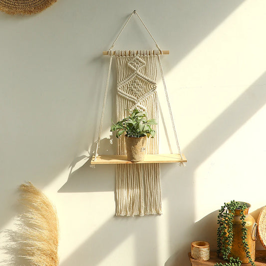 Boho Macrame Wall Shelf – Wooden Floating Shelves for Plants & Décor | Hanging Wall Storage for Aesthetic Home & Living Room Decoration